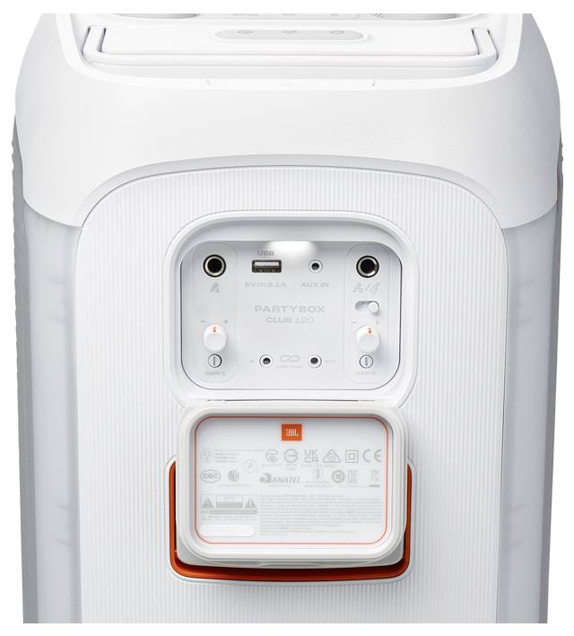 Enceinte portable blanche JBL PartyBox avec panneau de commande montrant les ports pour microphone et entrée auxiliaire, situés au centre avant.