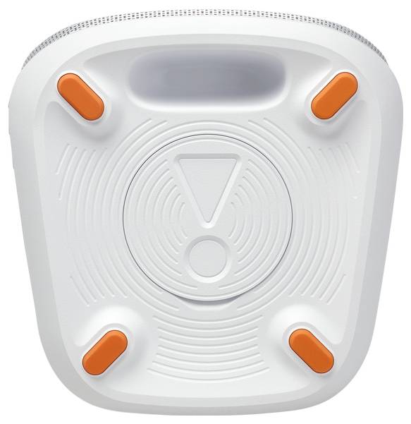 Un dispositif carré blanc aux coins arrondis, muni de quatre pieds en caoutchouc orange. Le centre présente un symbole de point d'exclamation estampé dans un design circulaire.