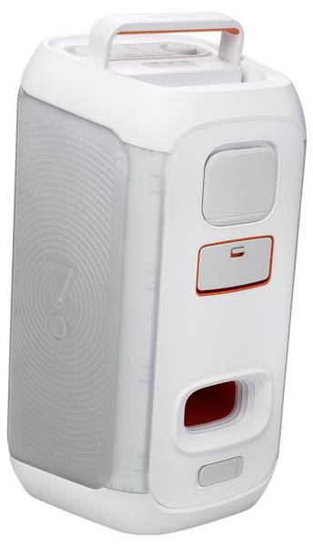 Un haut-parleur portable blanc et gris doté d'une poignée sur le dessus, présentant un design circulaire et plusieurs boutons sur le côté pour les commandes.