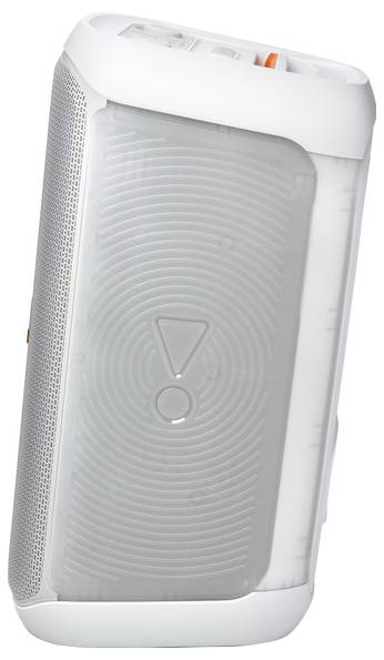 Un haut-parleur portable Bluetooth blanc et gris avec un côté texturé et un design en forme de point d'exclamation.