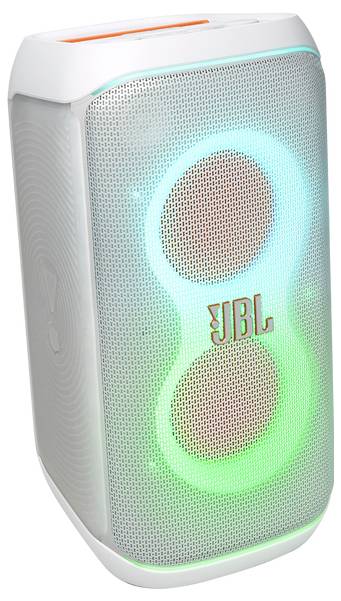 Un haut-parleur portable blanc avec des lumières LED brillantes et le logo 'JBL' sur la grille avant.