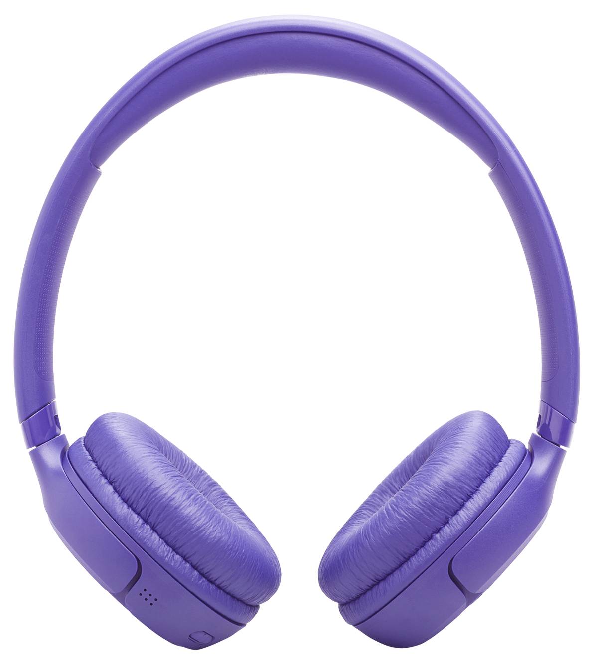 Casque audio violet à écouteurs circumauraux, vu de face, montrant les coussinets d'oreille rembourrés et l'arceau.