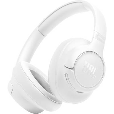 Écouteurs supra-auriculaires sans fil blancs affichant le logo de la marque et les boutons de contrôle sur l'écouteur droit.