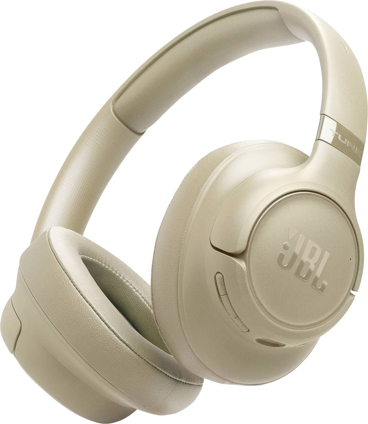 Casques audio supra-auriculaires beige de JBL avec des coussinets auriculaires rembourrés et un serre-tête, dotés de boutons de commande sur le côté.