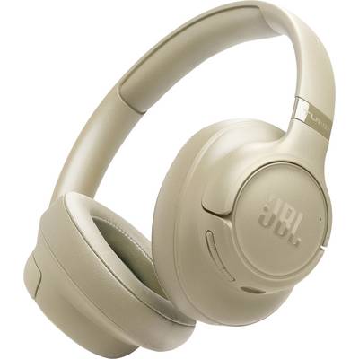 Casques audio supra-auriculaires beige de JBL avec des coussinets auriculaires rembourrés et un serre-tête, dotés de boutons de commande sur le côté.