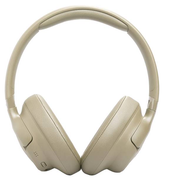 Casques-écouteurs beige clair supra-auriculaires avec finition lisse, conçus pour le confort et l'isolation acoustique.