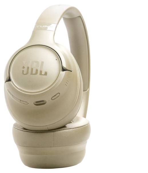 Casque audio JBL beige supra-auriculaire avec capacité sans fil, présenté en profil latéral sur fond blanc.