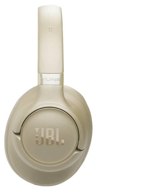 Casque sans fil doré, portant l'étiquette « JBL » sur l'écouteur, présenté sur fond blanc.