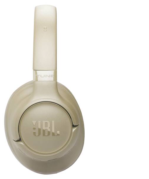Casque audio JBL Tune supra-auriculaire de marque, couleur beige clair, montrant le profil du côté droit.