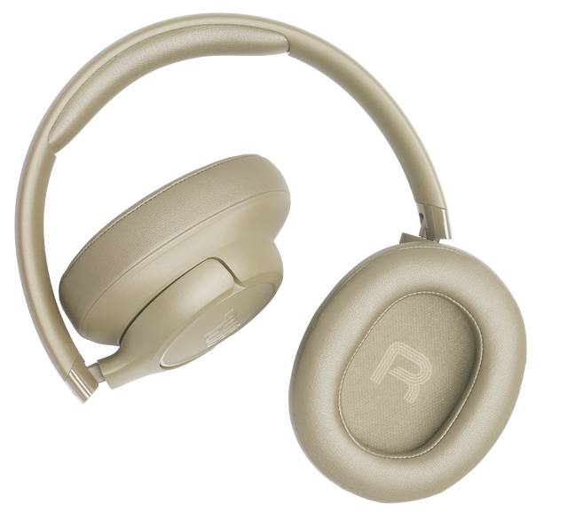 Casque audio supra-auriculaire beige avec serre-tête rembourré et coussinets auriculaires, présentant un symbole « R » sur le coussinette auriculaire droit.