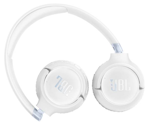 Casques audio blanc supra-auriculaire au design épuré, présentant des accents bleu subtils et le logo de la marque sur les arcades auriculaires.
