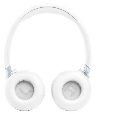 Casque audio blanc supra-auriculaire avec coussinets auriculaires souples, étiqueté « L » pour gauche et « R » pour droite, isolé sur un fond blanc.