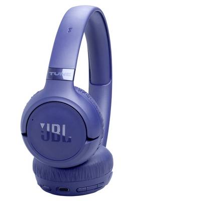 Casque audio JBL sans fil supra-auriculaire bleu avec coussinets auriculaires rembourrés et serre-tête réglable, équipé d'un panneau de commande sur le côté.