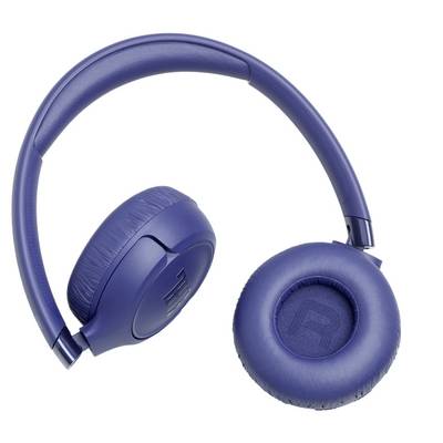 Casque audio supra-auriculaire bleu, une coupelle auriculaire étiquetée « R » pour le côté droit, présenté sur un fond blanc uni.