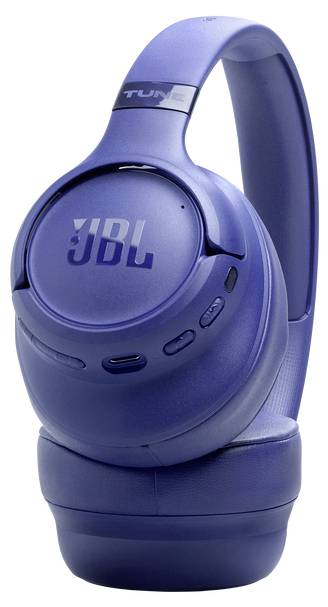 Écouteurs sans fil JBL bleus avec un design épuré, montrant les boutons de contrôle sur l'écouteur droit.