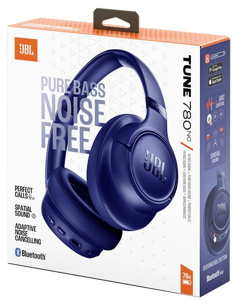 Boîte pour écouteurs JBL Tune 780NC en bleu. Les caractéristiques incluent « Pure Bass, Noise Free », suppression du bruit adaptative, Bluetooth et « Perfect Calls ».
