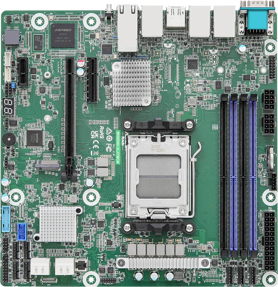 Une carte mère d'ordinateur verte avec plusieurs composants de circuit, des emplacements pour la RAM et des connecteurs pour diverses interfaces matérielles sur sa surface.