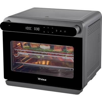 Un four de comptoir noir affichant '100°C 0:30' sur son écran numérique, avec des aliments en train de cuire à l'intérieur sur les grilles.