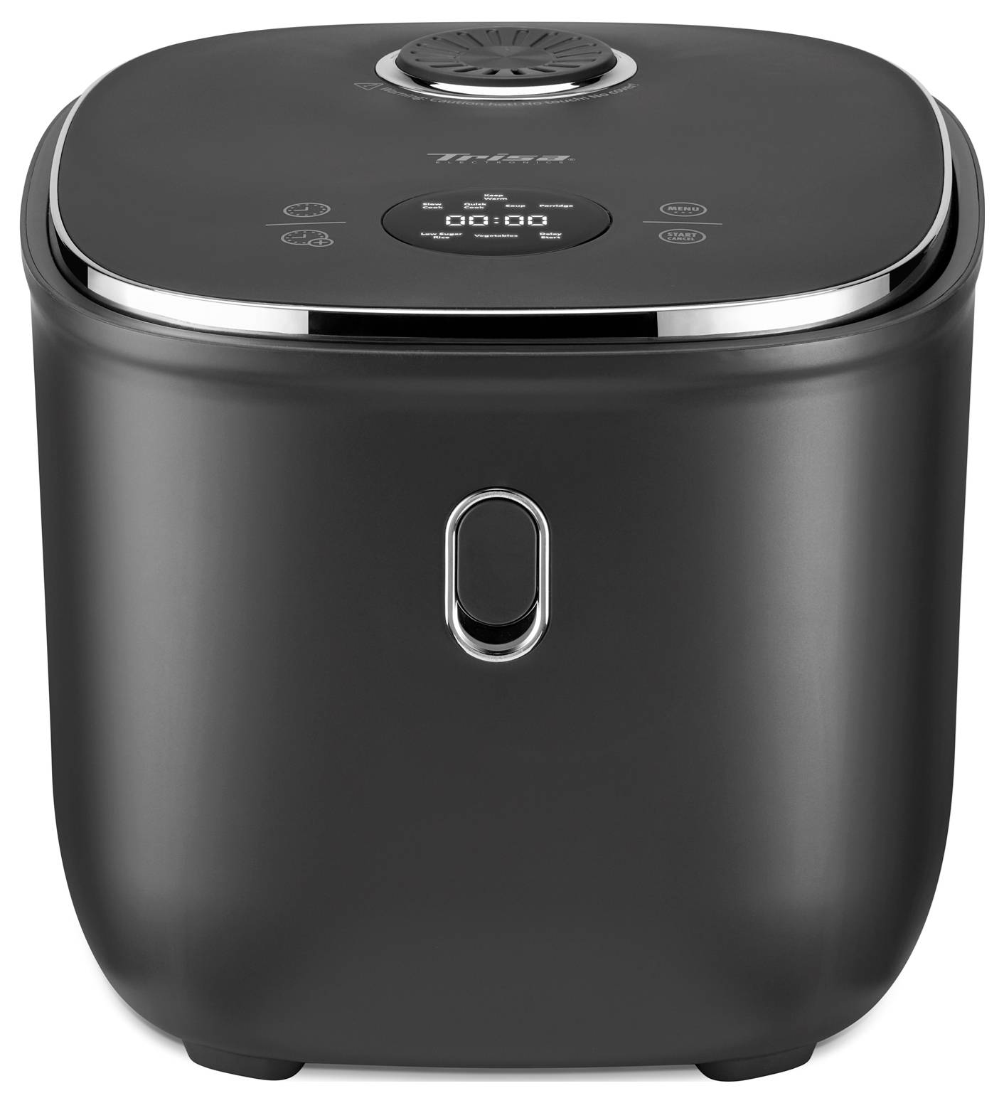 Un air fryer noir avec un affichage numérique, un bouton de commande sur le dessus, et un design élégant, utilisé pour cuire des aliments avec un minimum d'huile.