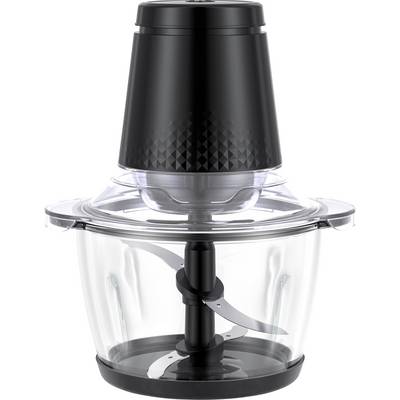 Un hachoir électrique noir et transparent avec des lames, utilisé pour hacher des ingrédients dans la cuisine.