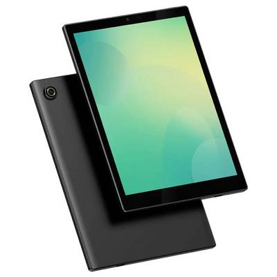 Une tablette noire avec un grand écran affichant un dégradé vert, présentée de face et de dos. La caméra est visible dans le coin supérieur gauche du verso.