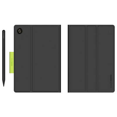 Un étui de tablette noir avec un découpage pour l'appareil photo et une housse pliante, présenté aux côtés d'un stylet.