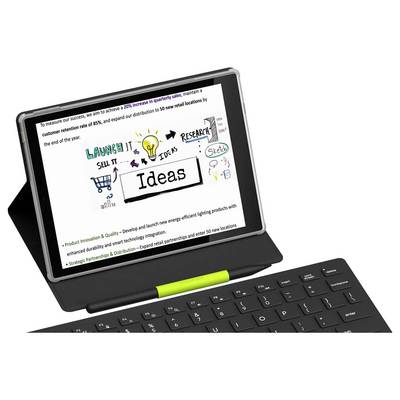 Une tablette posée sur un clavier affiche une diapositive de présentation. Elle porte le mot « Idées » avec des esquisses et des notes sur le lancement et la recherche de nouveaux concepts.