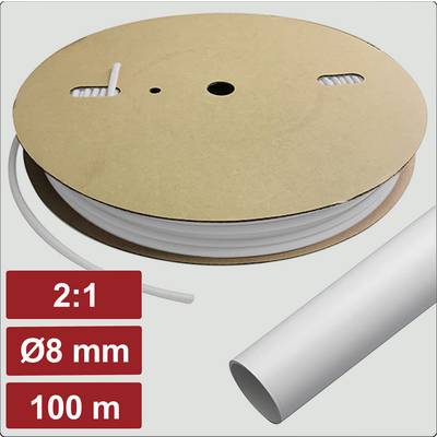 « Un rouleau de gaine thermorétractable blanche, étiquetée 2:1, Ø8 mm, 100 m, avec une section de la gaine présentée séparément sur la droite. »