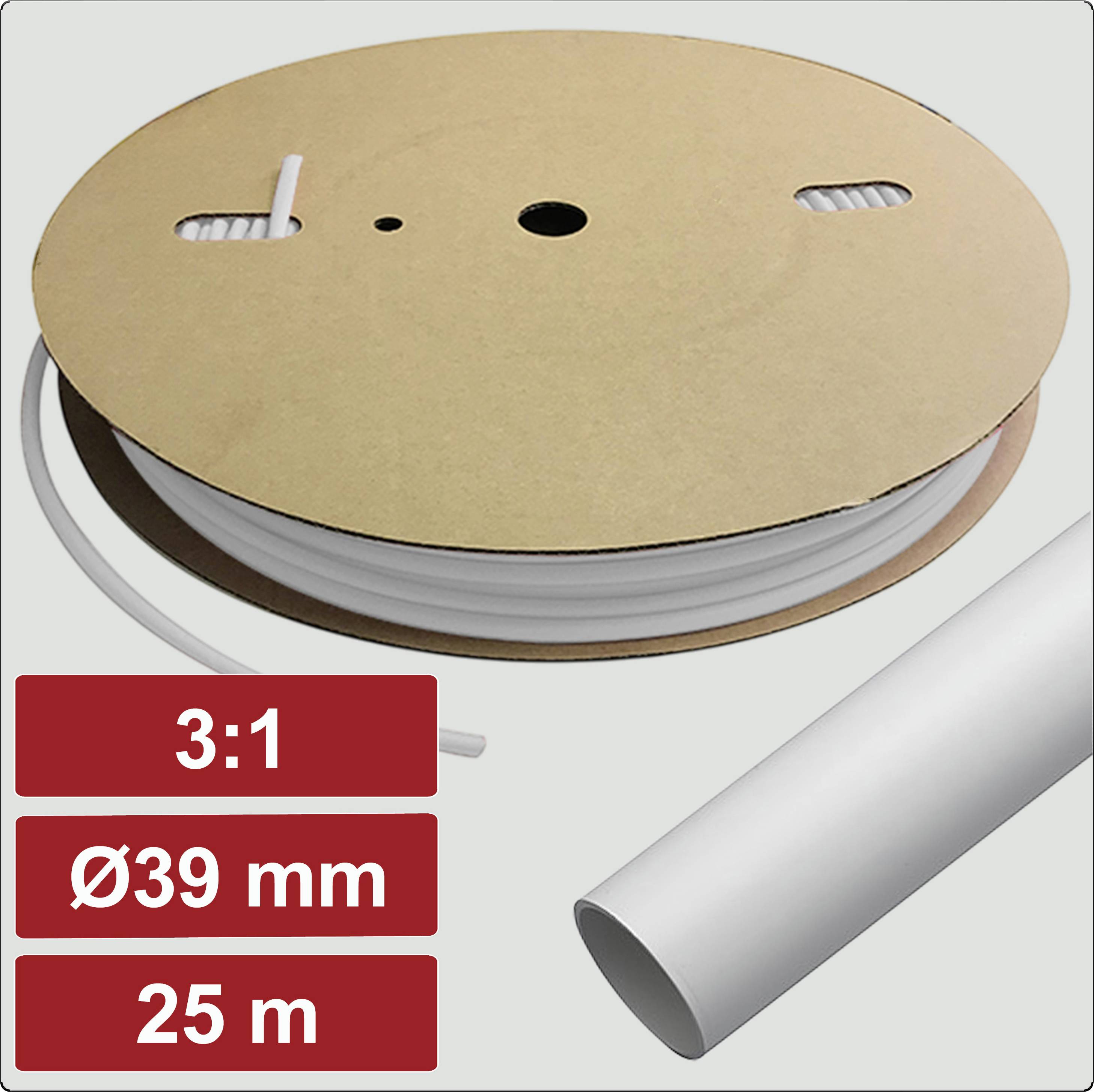 « Bobine de tube blanc étiquetée 3:1, Ø39 mm, 25 m, présentant des vues enroulée et dépliée. »
