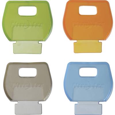Quatre clips en plastique de couleurs verte, orange, marron et bleue. Chacun possède une ouverture rectangulaire en haut et une base plate.