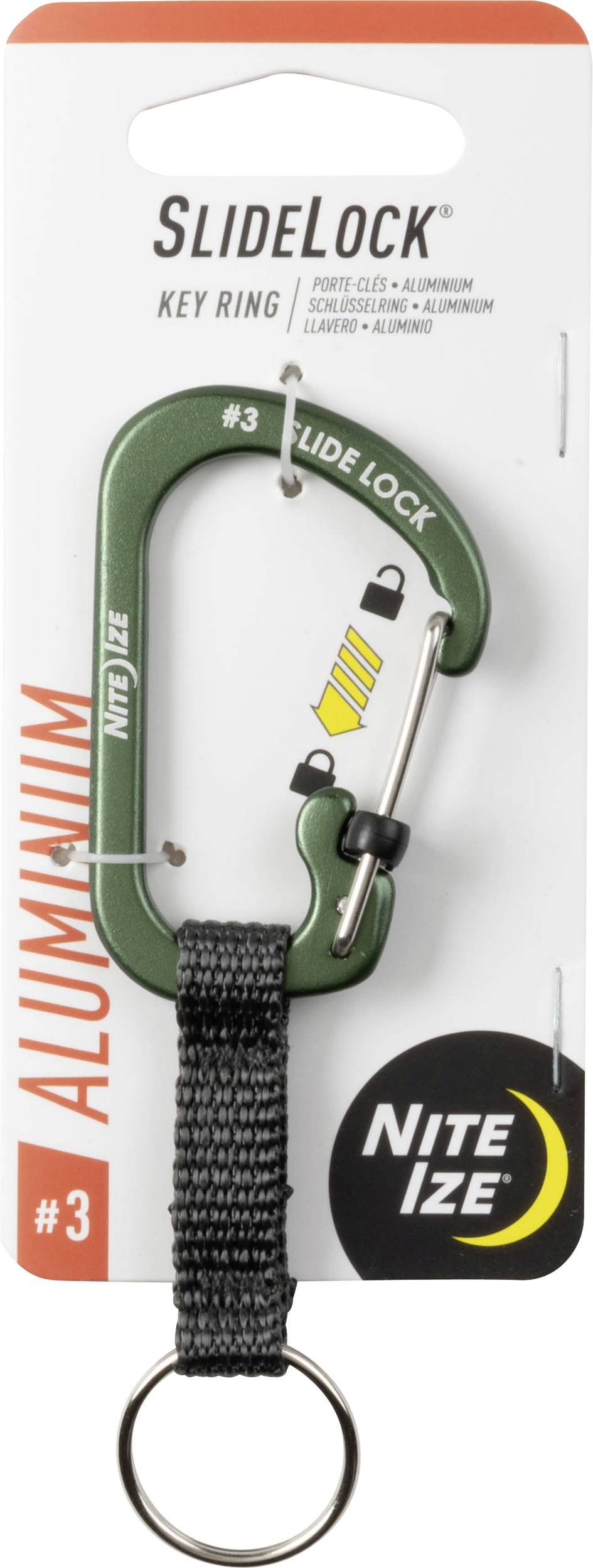 Mousqueton en aluminium vert avec caractéristique 'SlideLock' sur l'emballage, de marque 'Nite Ize'. Comprend une sangle en nylon noir et un anneau métallique pour clés.