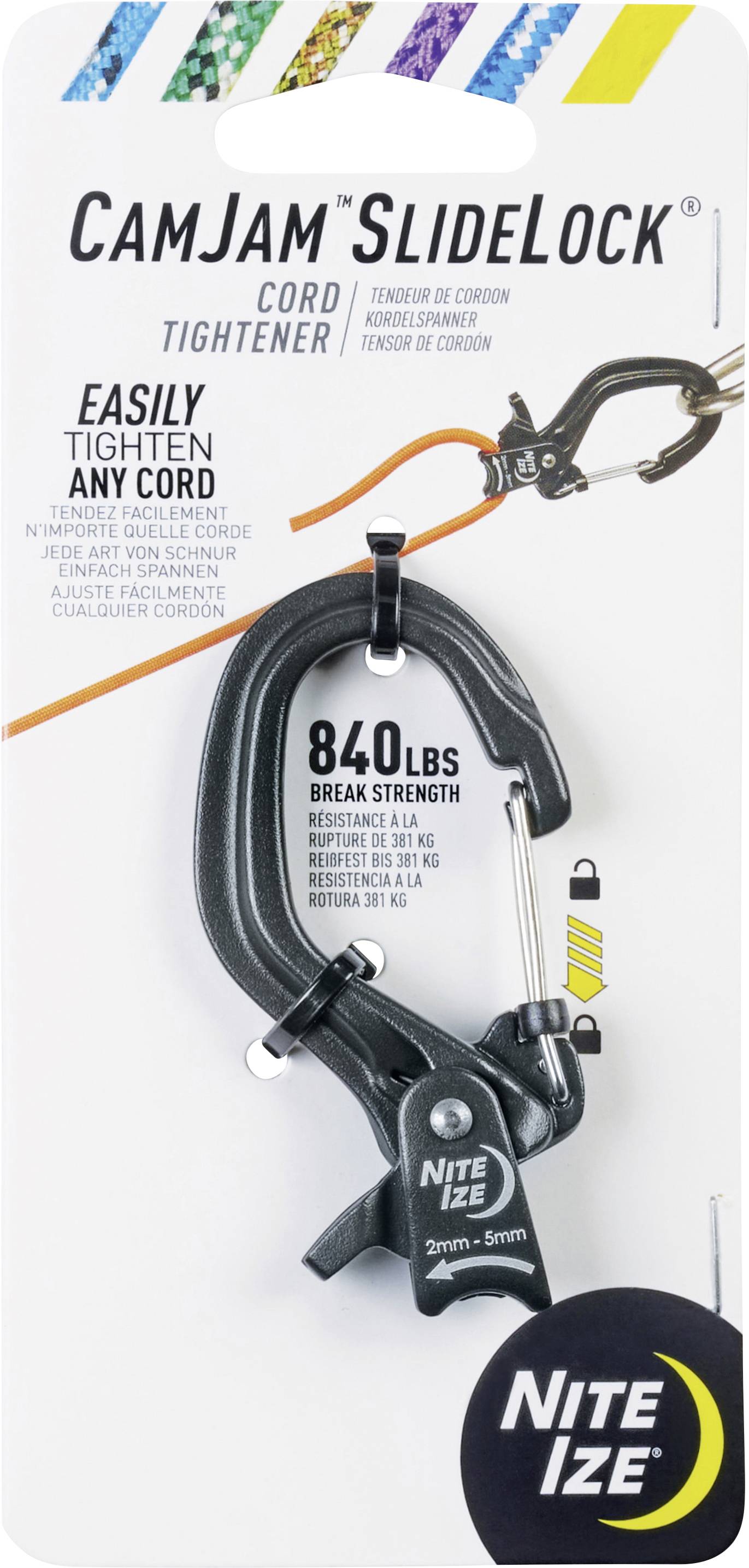 Emballage du CamJam SlideLock, tendeur de cordage de Nite Ize, présentant un tendeur de cordage noir capable de supporter jusqu'à 840 livres, avec le logo Nite Ize visible.