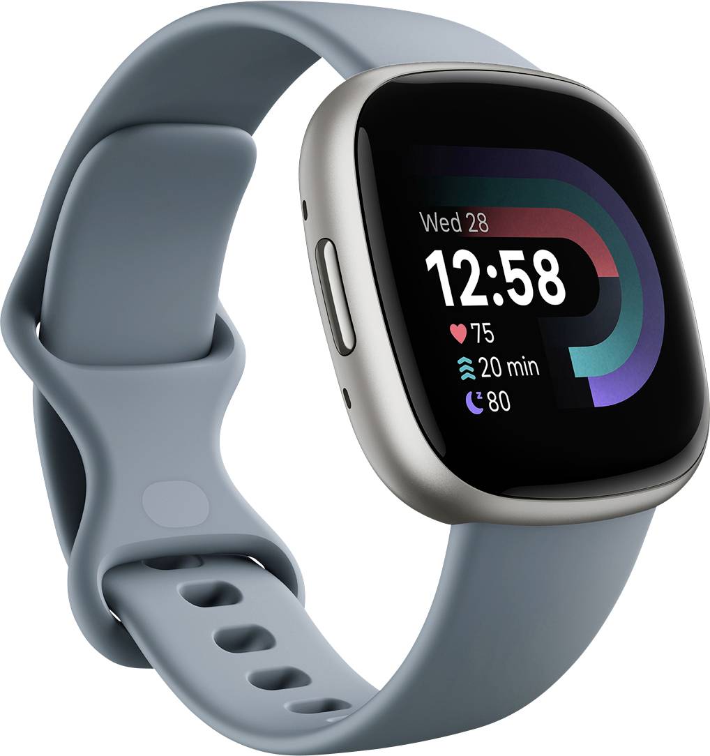 Montre connectée avec un bracelet gris affichant l'heure '12:58'. Indique le rythme cardiaque à '75 bpm', la durée de l'exercice '20 min' et le nombre de pas '80'.