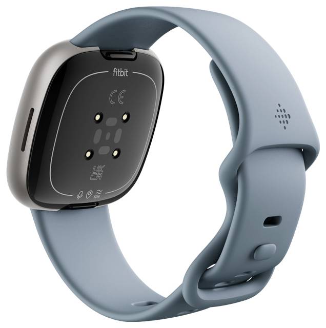Une montre intelligente bleue avec un écran rectangulaire, dotée d'un capteur de fréquence cardiaque à l'arrière. Le logo de la marque est visible sur le bracelet.