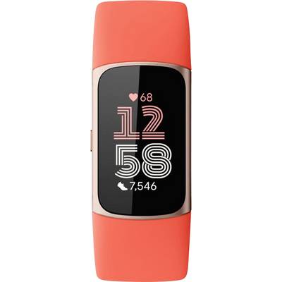 Un tracker de fitness affichant un rythme cardiaque de 68, l'heure à 12:58, et 7 546 pas. Le bracelet de la montre est orange vif.