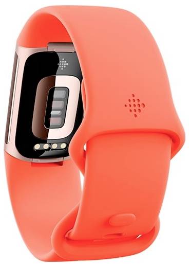 Un tracker de fitness avec un bracelet en silicone rouge, montrant le capteur arrière et la fermeture à clip.