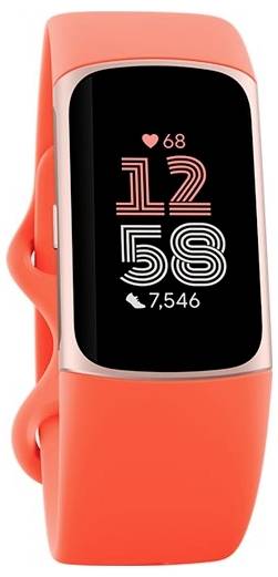 Tracker de fitness Orange affichant '12:58' comme heure, '68' comme rythme cardiaque et '7 546' comme nombre de pas sur son écran numérique.