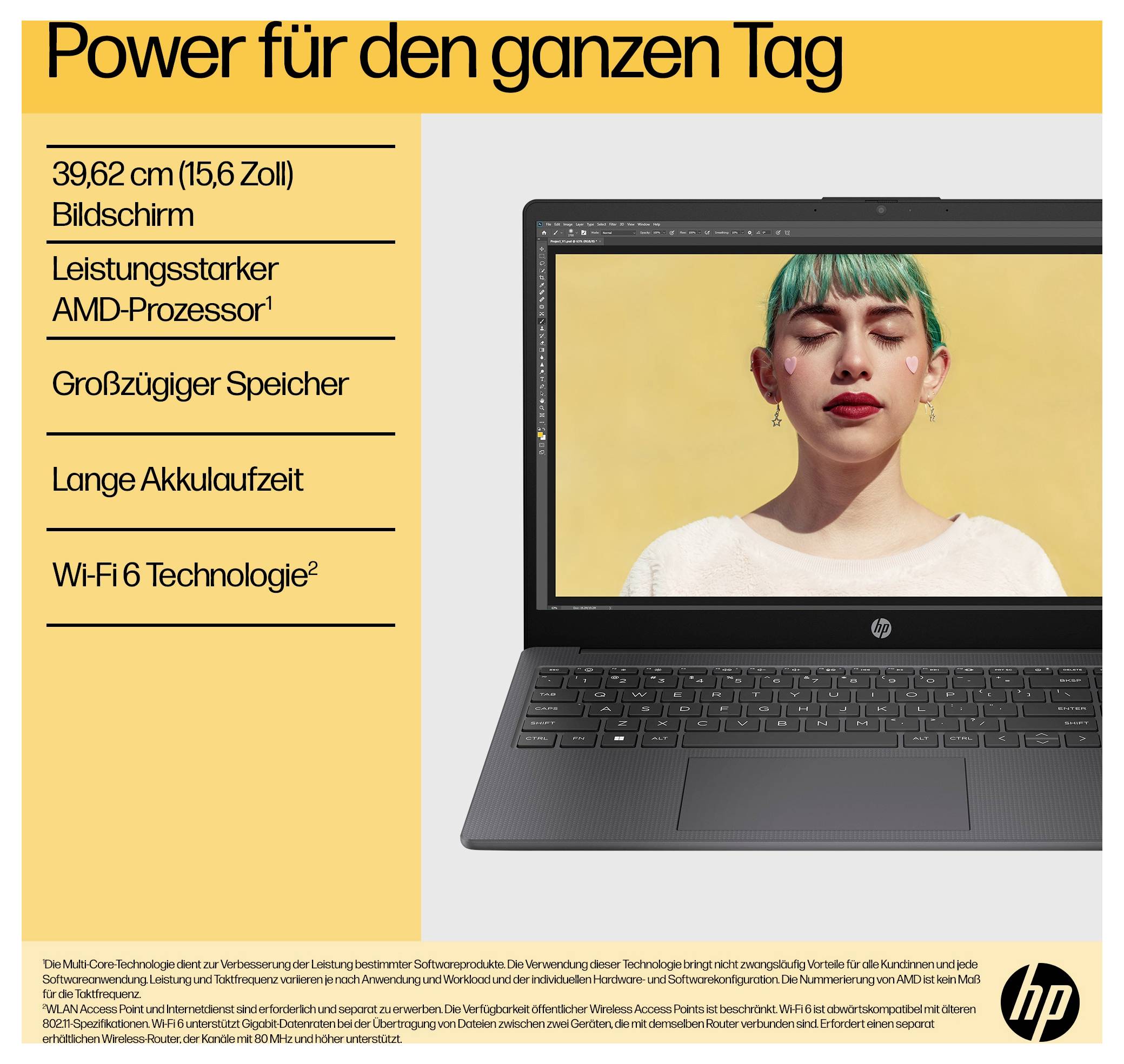 'Ordinateur portable avec processeur AMD et longue autonomie de batterie. Doté d'un écran de 39,62 cm (15,6 pouces), d'un espace de stockage généreux et de la technologie Wi-Fi 6.'