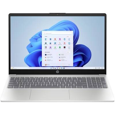 Un ordinateur portable affichant un écran de système d'exploitation Windows avec un fond abstrait bleu. Diverses icônes d'applications sont visibles à l'écran.