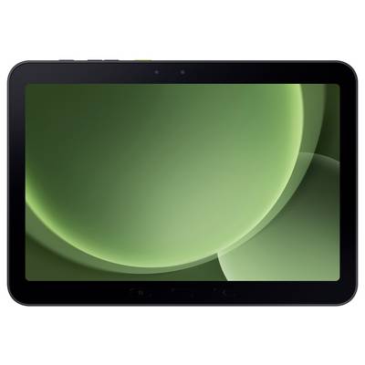 Une tablette avec un boîtier sombre affiche un design circulaire vert abstrait sur l'écran.