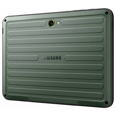 Tablette Samsung avec un dos robuste et strié de couleur verte, équipée d'un appareil photo et d'un flash.