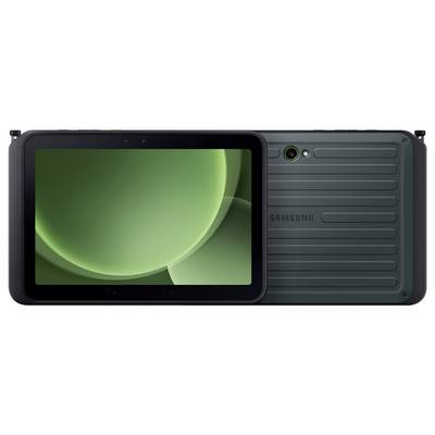 Une tablette noire avec un écran vert est présentée, accompagnée de sa vue arrière, arborant un design robuste et texturé avec un unique appareil photo arrière.