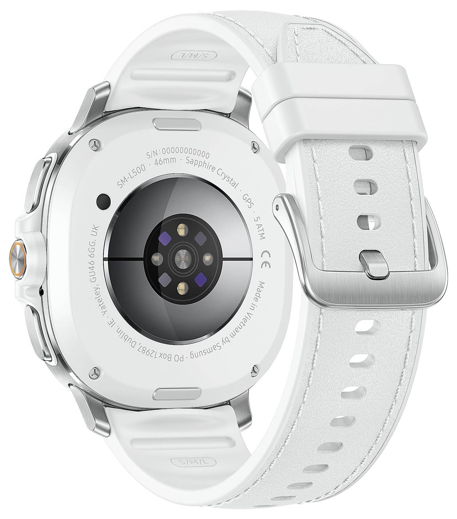Vue arrière d'une montre intelligente blanche avec une boucle argentée, dotée de capteurs de fréquence cardiaque et d'un design circulaire, affichant des détails techniques du modèle.