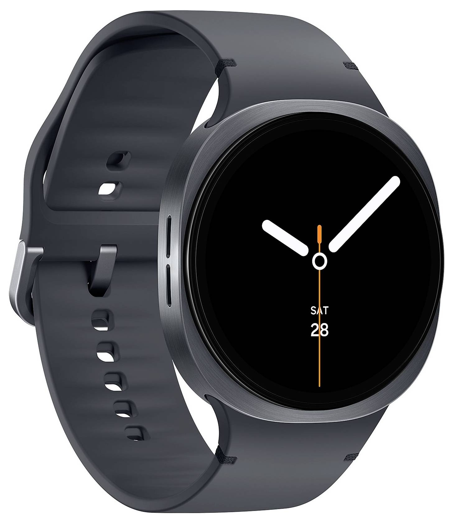 Une montre connectée élégante, de couleur noire, avec un cadran rond affichant un design d'horloge analogique minimaliste et la date du jour, montée sur un bracelet sombre.