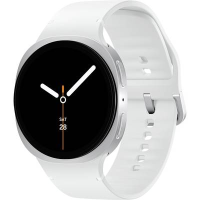 Une montre intelligente blanche affichant un cadran d'horloge analogique avec le jour 'Sam' et la date '28' sur un fond noir.