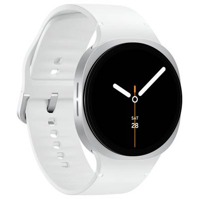 Une montre intelligente élégante avec un bracelet blanc affichant l'heure de style analogique avec des index minimalistes et la date « SAM 28 ».