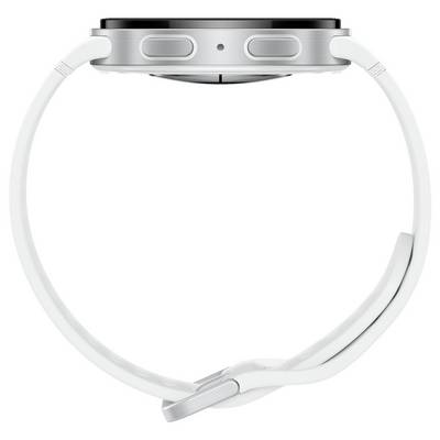 Vue latérale d'une montre intelligente avec un boîtier argenté et un bracelet blanc, montrant deux boutons sur le côté.
