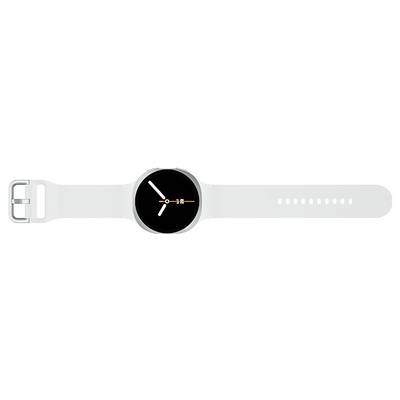 Une montre connectée blanche avec un cadran rond affichant des aiguilles d'horloge simples sur un fond noir, indiquant l'heure 10:09.