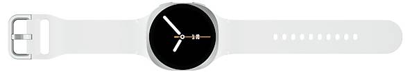 Une montre connectée blanche avec un cadran rond affichant une horloge analogique indiquant 10h10. La montre présente un design simple et élégant avec un bracelet blanc.