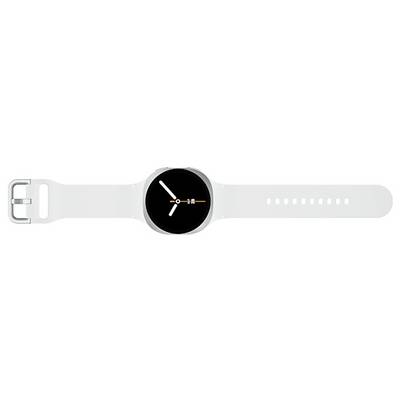 Une montre connectée blanche avec un cadran rond affichant une horloge analogique indiquant 10h10. La montre présente un design simple et élégant avec un bracelet blanc.